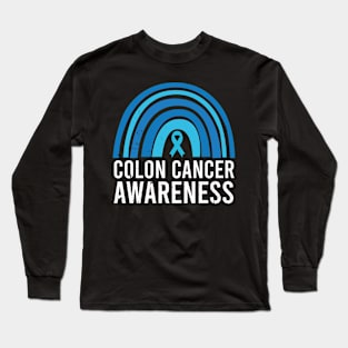 Colon Cancer Awareness Blue Ribbon and Rainbow Long Sleeve T-Shirt